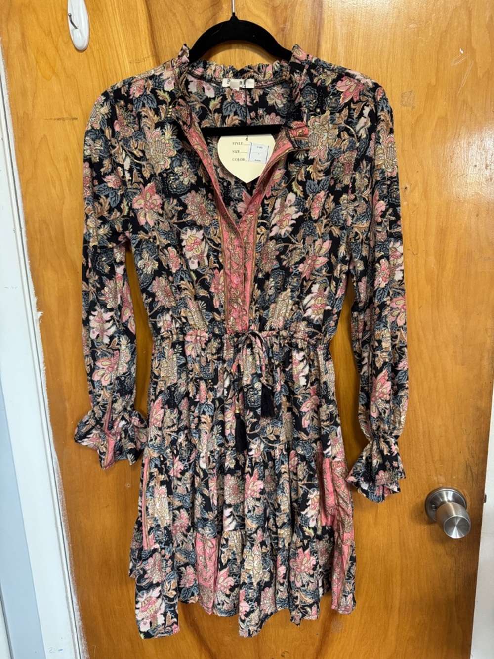 Long-Sleeve Floral Tiered Dress in Black & Pink